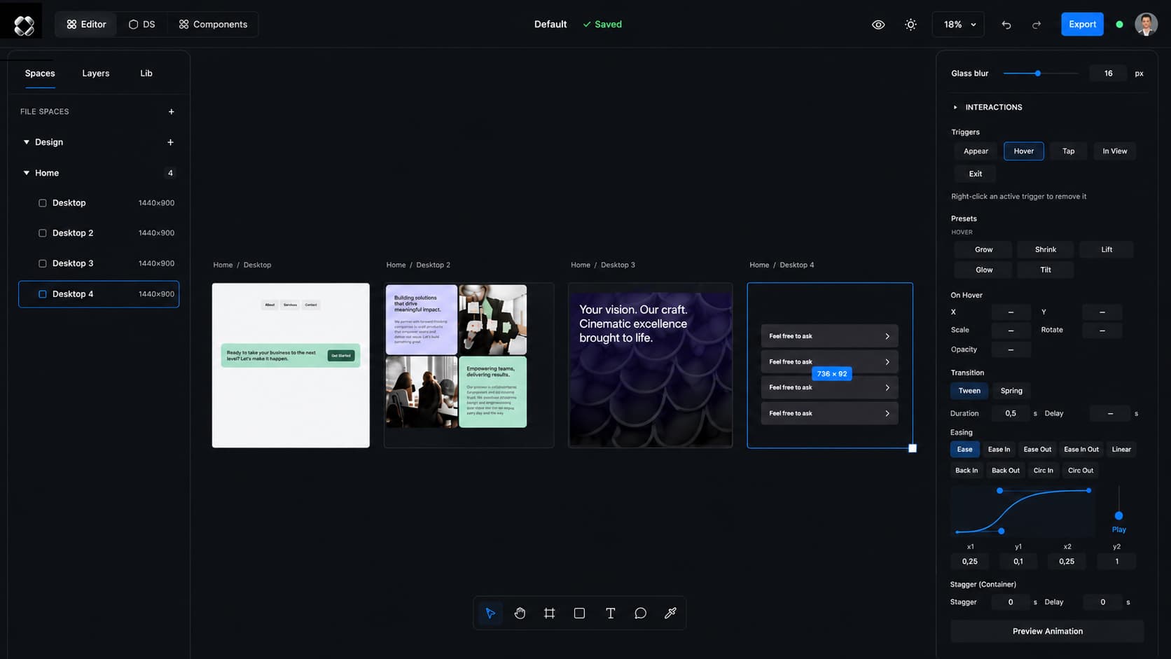 The Zenith editor — spaces sidebar with desktop frames, a central canvas of four design screens, and the interactions inspector on the right.